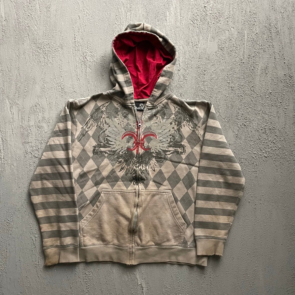 Vintage Goth Graphic Zip Hoodie Mens Medium Grey 2000s Hybrid Tees